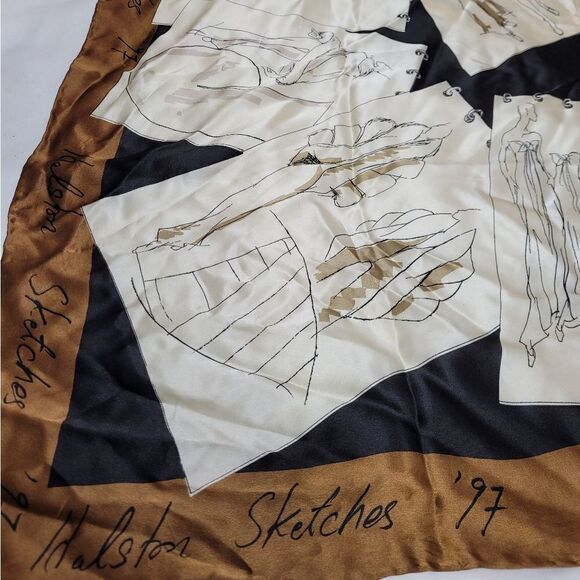 VINTAGE 90s Halston sketches 1997 silk hand rolled edges brown large scarf 32x32 - Picture 4 of 10